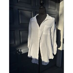Kona Sol Gauze Button Down Shirt‎ White Cover Up Relaxed Fit Size Small!
